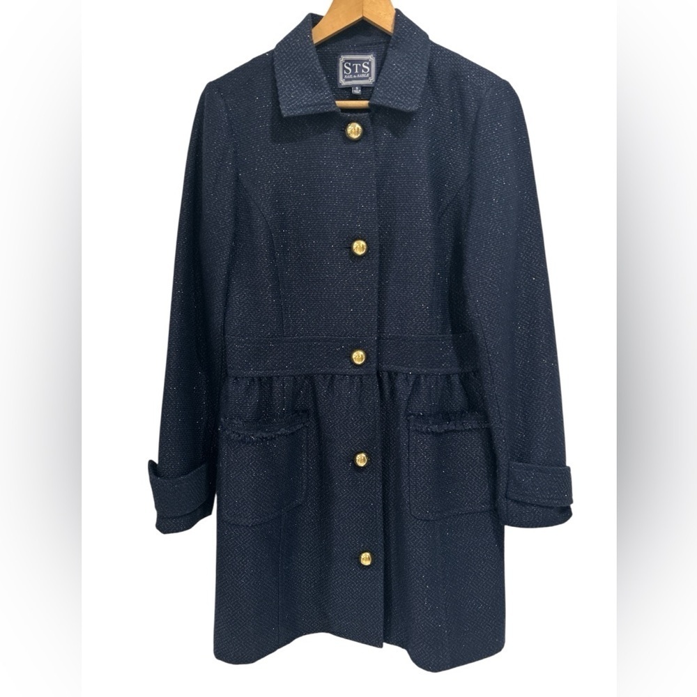Sail To Sable Navy Metallic Gold Tweed Pea Coat with Colorful Silk Lining - S